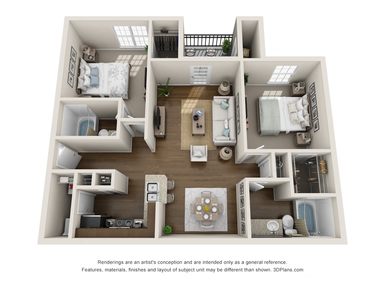 Floor plan for 2 beds, 2 baths, 960 sqft
